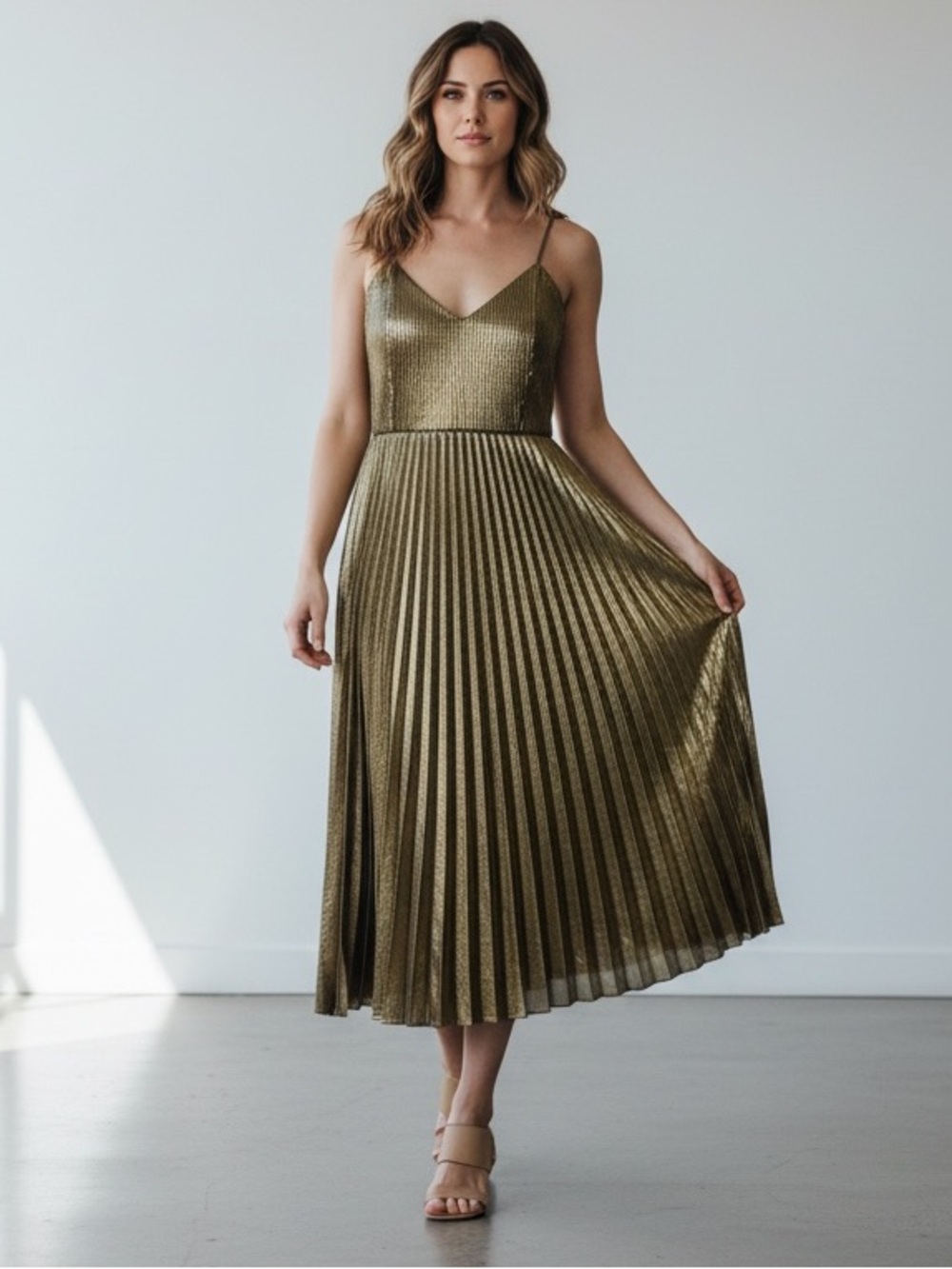 SILKY GOLD PLEATED MIDI DRESS